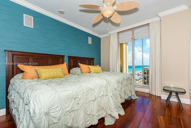 bedroom featuring access to outside, ceiling fan, ornamental molding, dark hardwood / wood-style flooring, and a water view