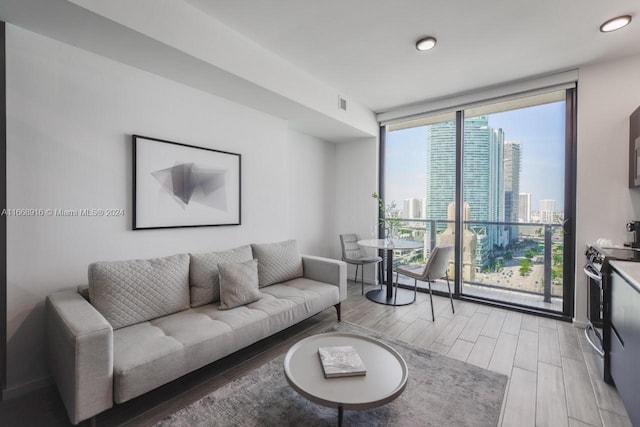 living room featuring a healthy amount of sunlight, wood-type flooring, and floor to ceiling windows