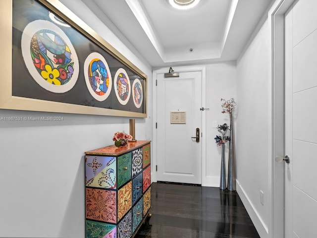 doorway to outside with a tray ceiling and dark hardwood / wood-style flooring