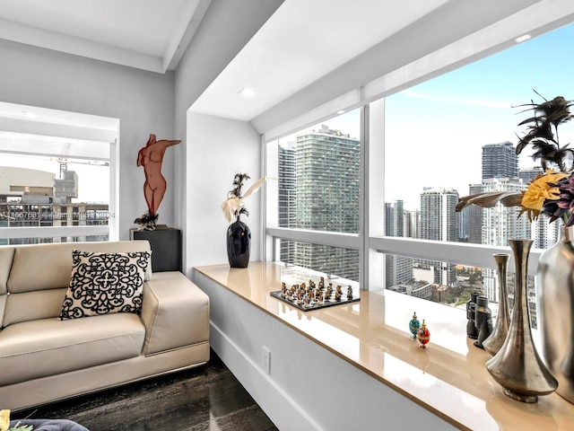 living room with dark hardwood / wood-style flooring