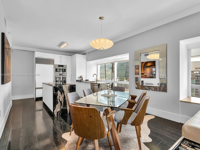 dining area featuring sink and dark wood-type flooring