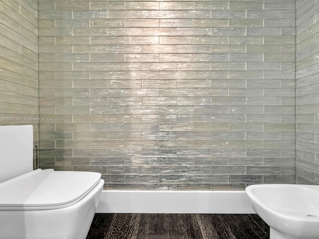 bathroom featuring wood-type flooring, toilet, and a bidet