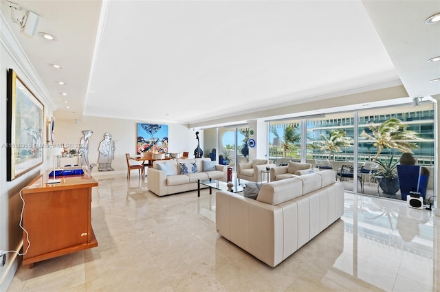 living room featuring crown molding, recessed lighting, and marble finish floor