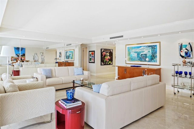 living room featuring baseboards, recessed lighting, crown molding, and visible vents
