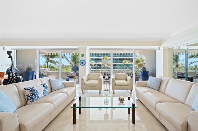 living room with crown molding, light tile patterned floors, and a healthy amount of sunlight