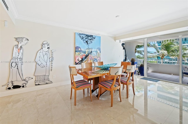 dining space with crown molding, baseboards, and light tile patterned floors