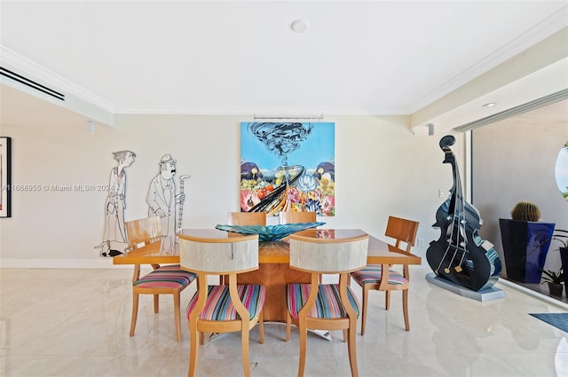 dining room with crown molding, marble finish floor, baseboards, and visible vents