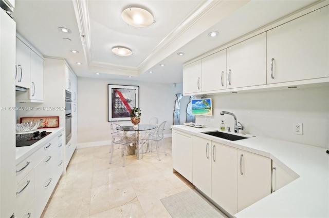 kitchen with a sink, light countertops, crown molding, and a tray ceiling