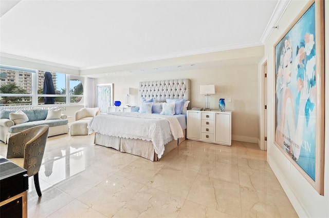 bedroom with crown molding, baseboards, and marble finish floor