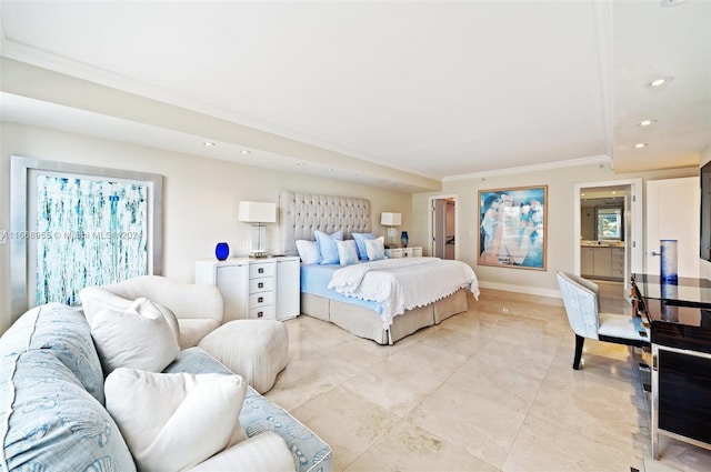 bedroom with recessed lighting, baseboards, and ornamental molding
