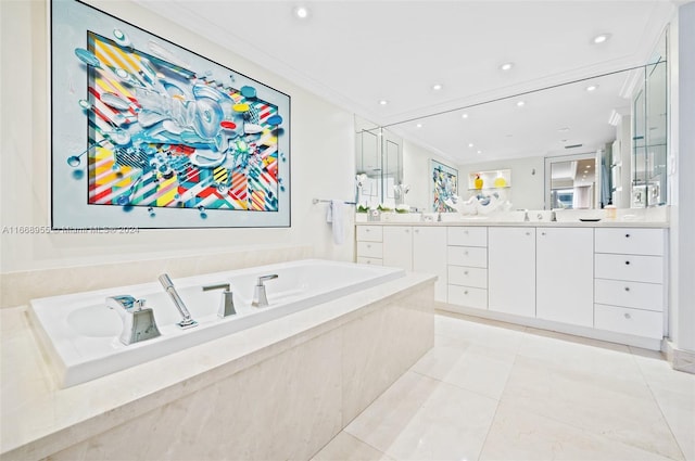 full bath with vanity, tile patterned flooring, recessed lighting, and a bath