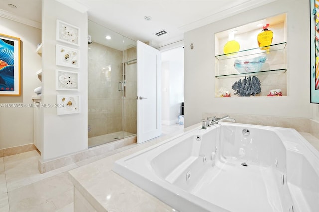 bathroom with a jetted tub, recessed lighting, a shower stall, visible vents, and ornamental molding