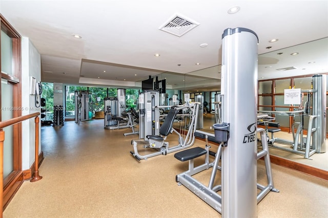 workout area with visible vents and recessed lighting