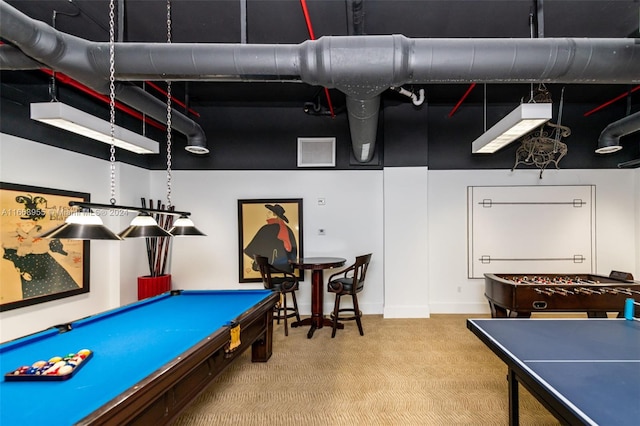 recreation room featuring visible vents, billiards, and carpet