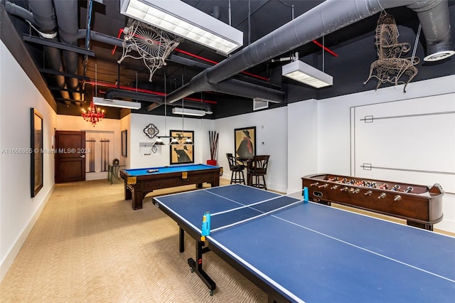 rec room featuring carpet floors, baseboards, and pool table