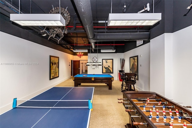 game room with baseboards, billiards, and carpet