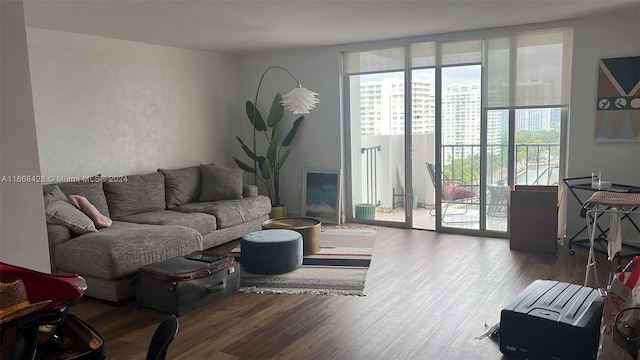 living room featuring expansive windows, plenty of natural light, and dark hardwood / wood-style floors