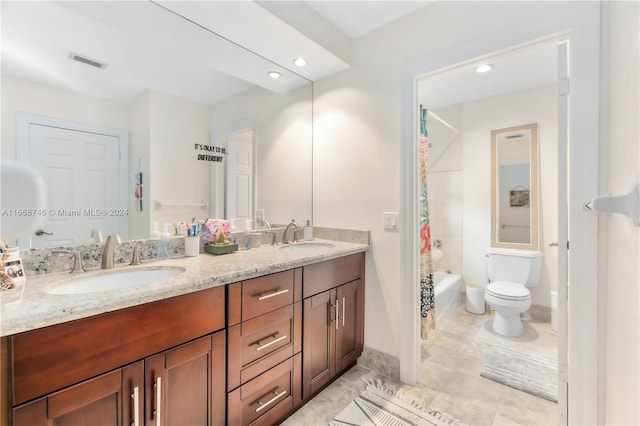 full bathroom with tile patterned flooring, vanity, toilet, and shower / bathtub combination with curtain