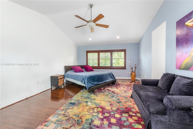 bedroom featuring wood-type flooring, lofted ceiling, and ceiling fan