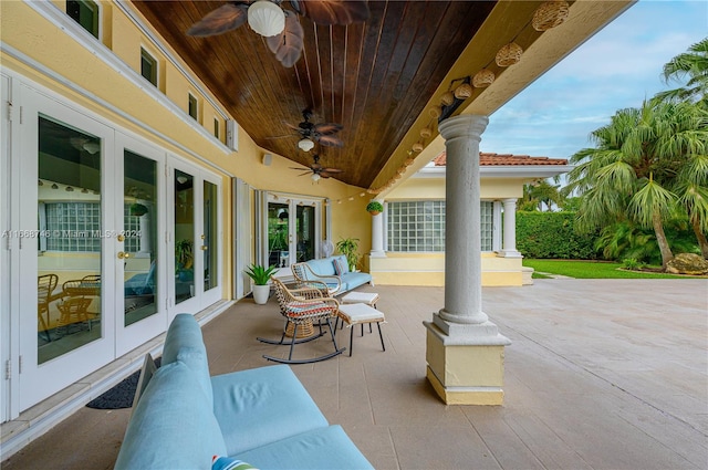 view of patio featuring ceiling fan, outdoor lounge area, and french doors