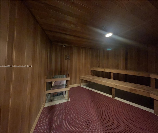 view of sauna / steam room with wood walls and wooden ceiling