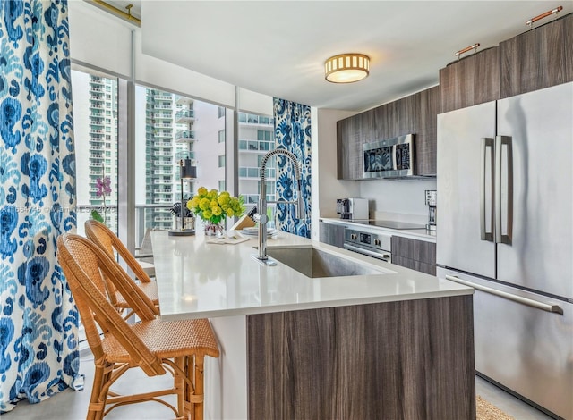 kitchen featuring a kitchen island with sink, sink, a kitchen breakfast bar, and appliances with stainless steel finishes