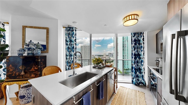 kitchen with stainless steel appliances, a kitchen island with sink, sink, and a wall of windows