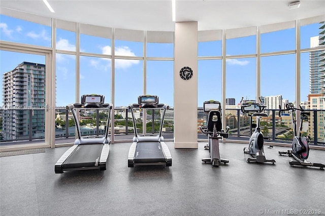 gym featuring a wall of windows, a high ceiling, and plenty of natural light