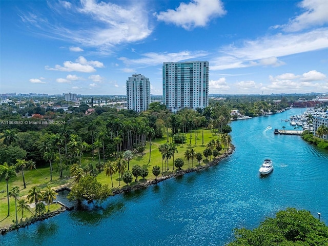 drone / aerial view with a water view