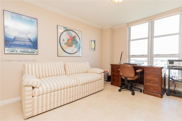 office with ornamental molding and a wealth of natural light