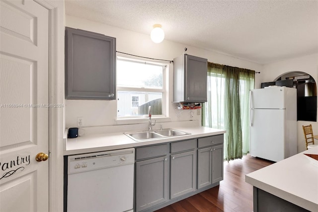 kitchen with gray cabinets, a textured ceiling, dark hardwood / wood-style floors, sink, and white appliances