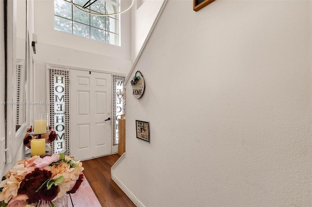 entrance foyer featuring an inviting chandelier, a towering ceiling, and dark hardwood / wood-style flooring