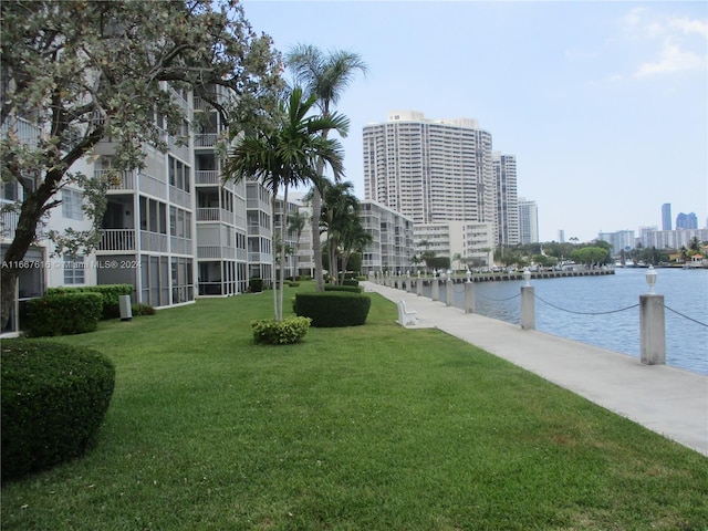 surrounding community featuring a lawn and a water view