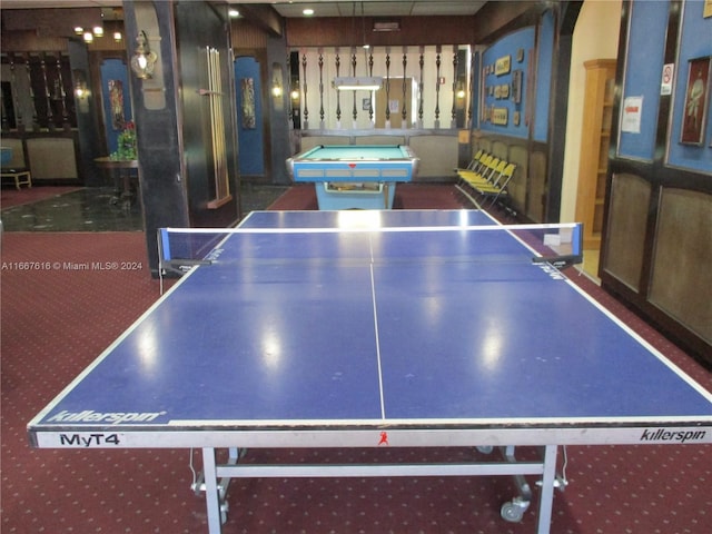 recreation room featuring dark colored carpet and billiards