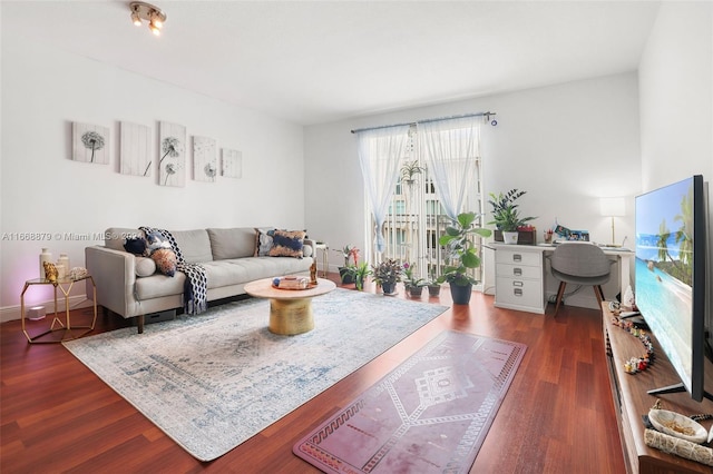 living room with dark hardwood / wood-style floors