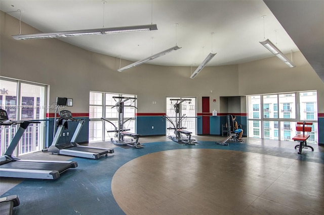 exercise room featuring a high ceiling