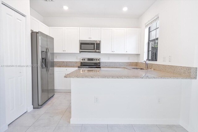 kitchen featuring light stone counters, white cabinets, kitchen peninsula, stainless steel appliances, and sink