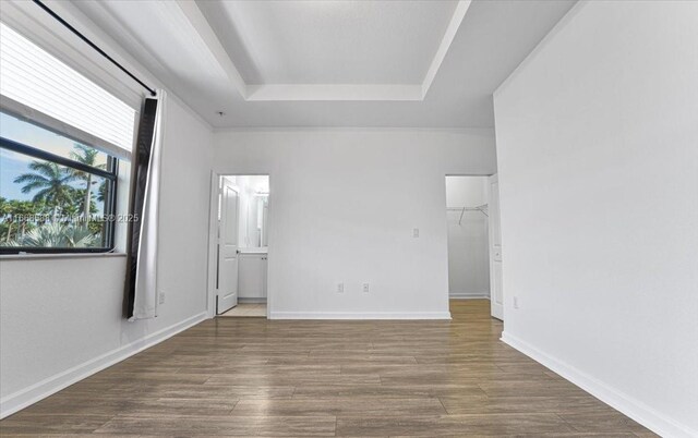 bedroom with a raised ceiling and dark hardwood / wood-style floors