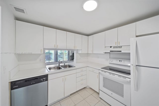 kitchen featuring white cabinetry, sink, and white appliances