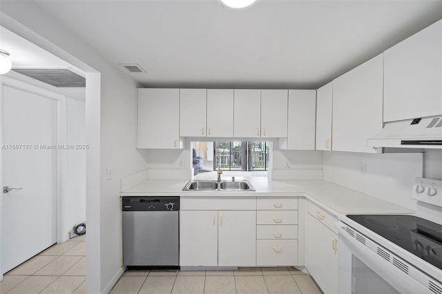 kitchen with electric stove, white cabinetry, sink, and stainless steel dishwasher