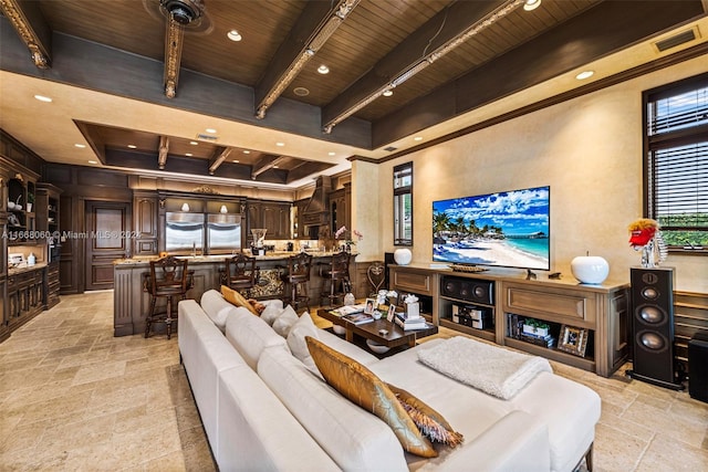 living room featuring bar, wood ceiling, and beamed ceiling