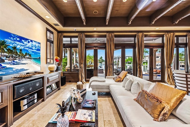 living room featuring french doors, beam ceiling, and wooden ceiling