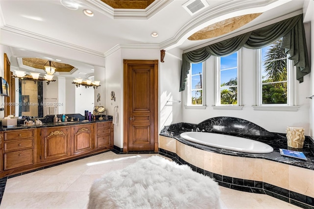 bathroom with a chandelier, a raised ceiling, crown molding, tiled bath, and vanity