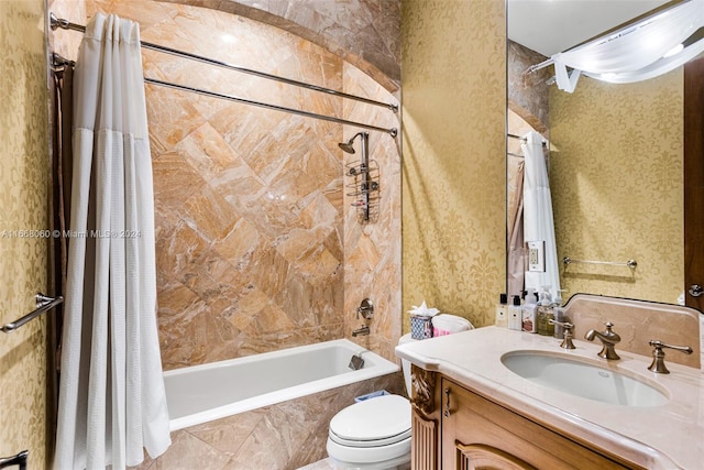 full bathroom featuring shower / bath combination with curtain, vanity, and toilet