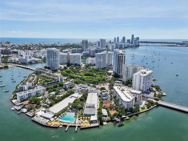 aerial view featuring a water view