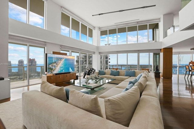 450 Alton Rd Unit Ph2, Miami Beach, FL 33139 - living room with a towering ceiling, hardwood / wood-style flooring, and healthy amount of natural light