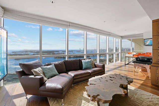 living room featuring light wood-type flooring and expansive windows