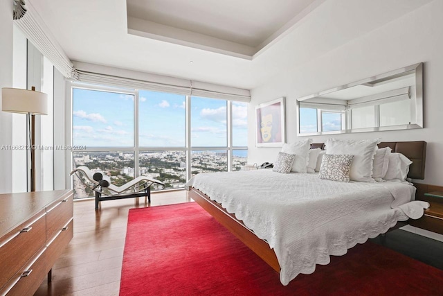 bedroom with multiple windows, a raised ceiling, and hardwood / wood-style floors