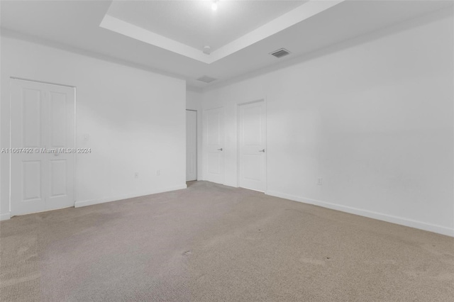 carpeted empty room featuring a tray ceiling