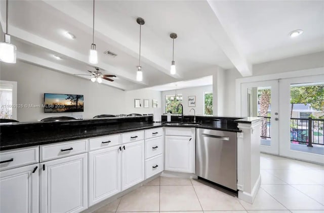 kitchen with sink, decorative light fixtures, white cabinets, and dishwasher